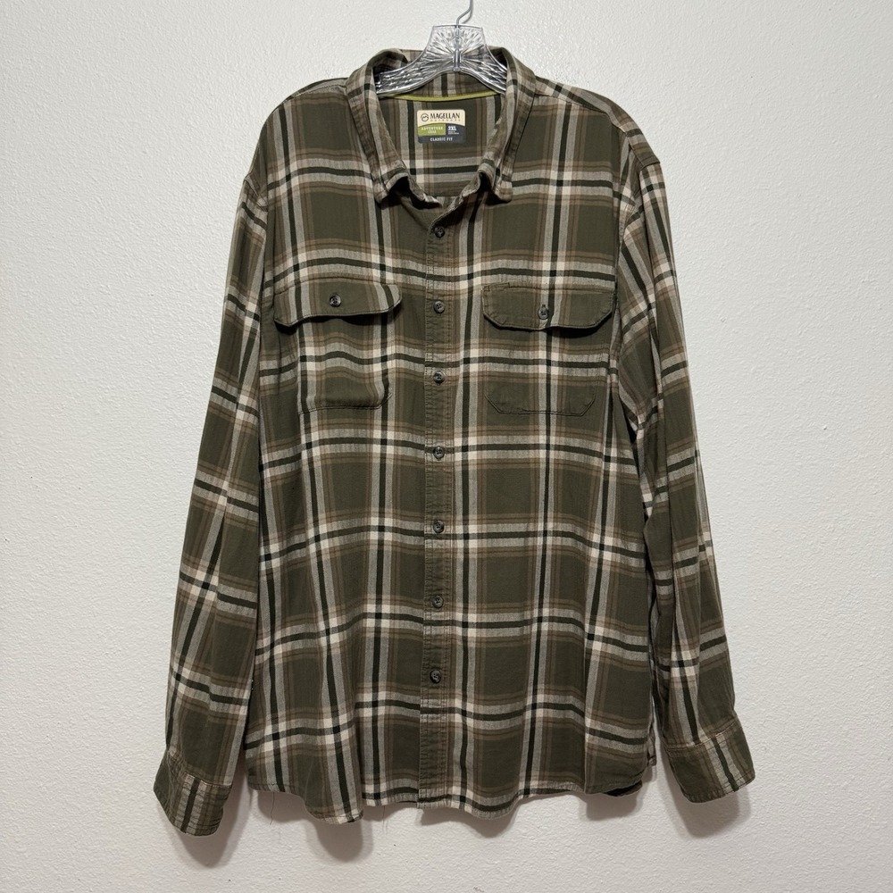 Magellan Green Plaid Button‎ Up Long Sleeve Flannel Shirt Mens Size 2XL